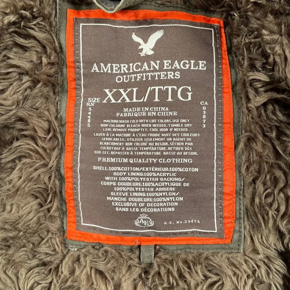 American Eagle Men XXL Faux Fur Lined Field Jacket Olive Green Hooded Parka Coat